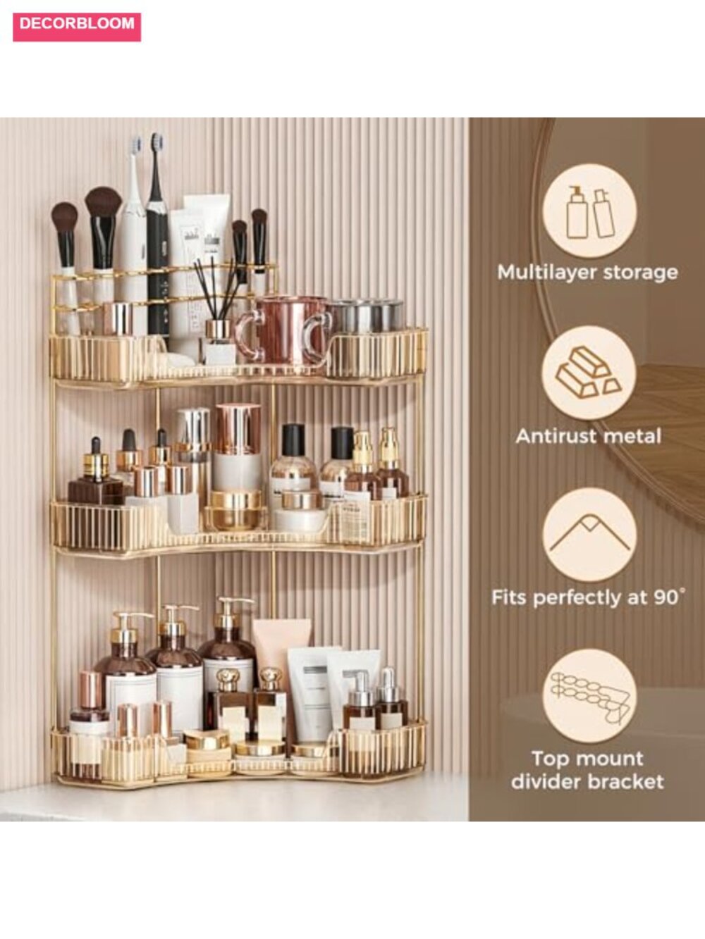 Upgraded 3-Tier Corner Makeup Organizer with Brush Holder - Picture 4 of 6